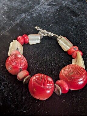 Made With Love Coral/Glass and MOP Beaded Bracelet with Toggle Clasp